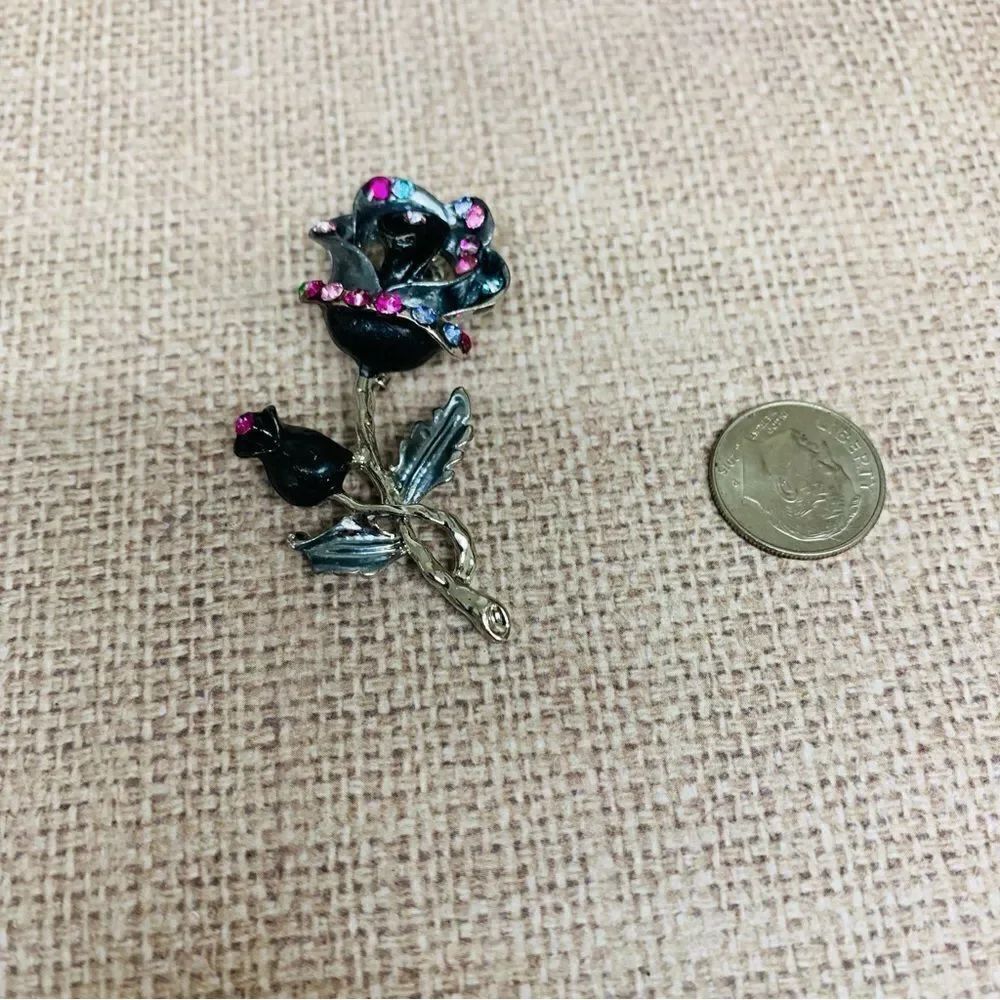 Silver Black Enamel Crystal Rose Brooch